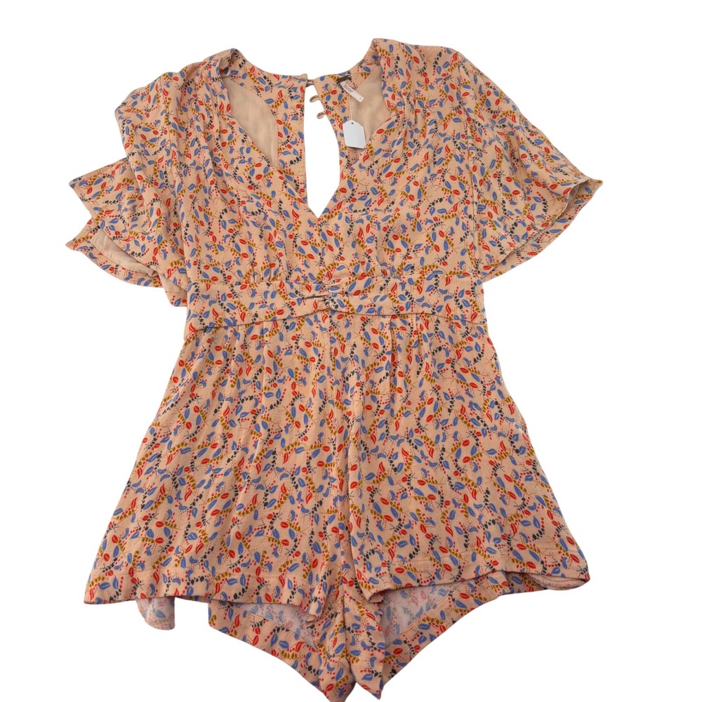 Free People Women Peach Floral Flutter Sleeve Open Back Romper Size 4 Boho 1883